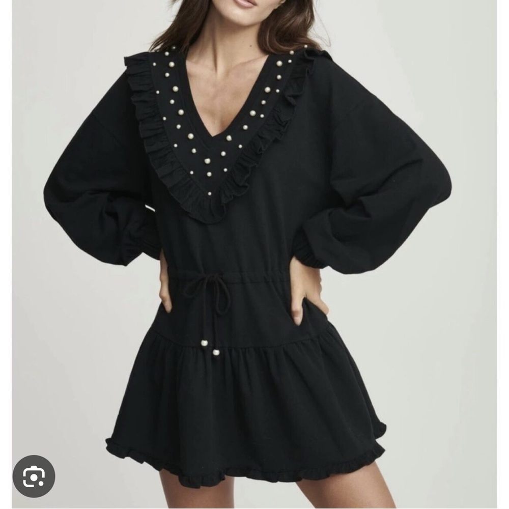 Anthropologie Sundays Dress Black Pearl embellished Accents Ruffle Gemma Mini